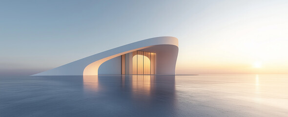Modern architectural structure with sleek, curved lines, illuminated by a soft sunset glow, set against an expansive minimalist background, ideal for futuristic design and luxury projects