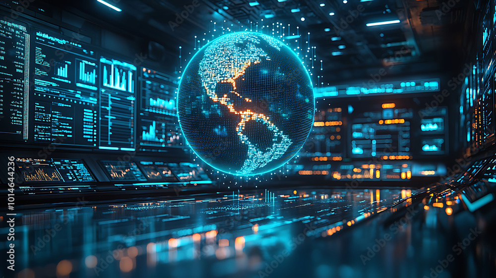 Poster a futuristic control room with a glowing, digital globe representing the earth. the room is filled w