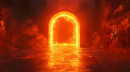 Fototapeta premium Glowing Archway in a Fiery Hellish Landscape - 3D Render.