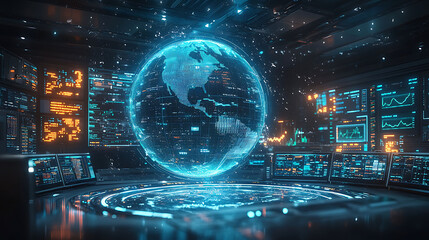 Fototapeta premium A futuristic control room with a glowing earth globe, surrounded by computer screens displaying data and information.