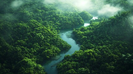 Aerial view of the Amazon River winding through lush rainforest, showcasing vibrant greens and a misty atmosphere.