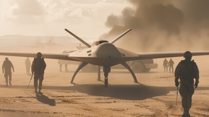 Silhouetted soldiers and an unmanned drone appear amidst swirling sand and shadow in a harsh desert environment.