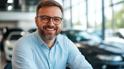 Obraz premium Smiling car dealership consultant advising client with cars in background 