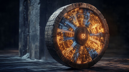Obraz premium A circular wooden object with glowing blue and orange lights and a small red square in the center.