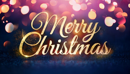 A festive "Merry Christmas" message created with glowing golden particle lettering, glowing softly against a deep navy and pink background. The scene is enhanced with bokeh lights, bringing a sense of