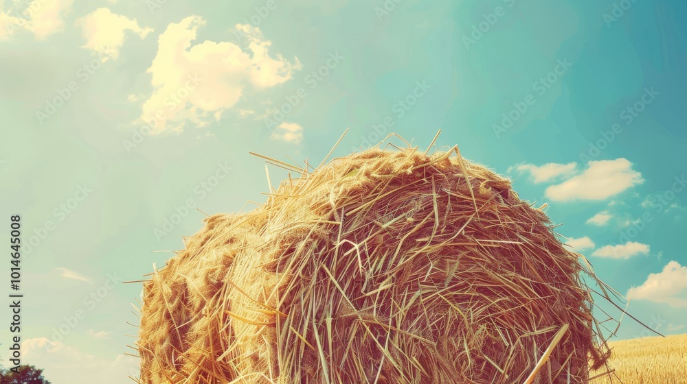 Canvas Prints Close-up of a sunlit hay bale against a sky streaked with clouds, capturing the warmth and bounty of the harvest season.