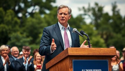 An older American politician giving a speech to a crowd from a wooden podium outdoors.