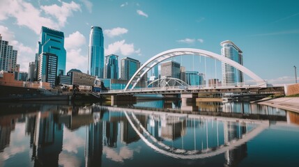 Naklejka premium Modern cityscape with a distinctive white arch bridge and skyscrapers reflected perfectly in still waters under a bright blue sky.