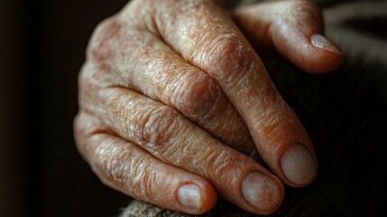 Fototapeta premium Detailed close-up of a person's hand showing the discolored, pitted nails associated with a fungal infection