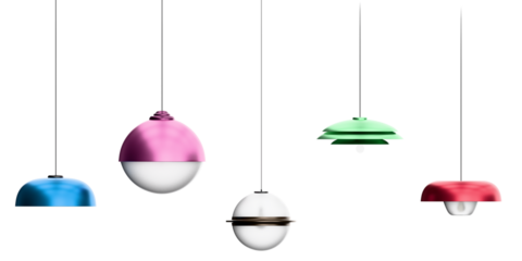 Different modern streamlined mirror copper chandeliers. Bubble metal copper shade pendant