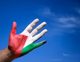 hands painted in the colors of the raised red, green, white, and black Palestinian flag