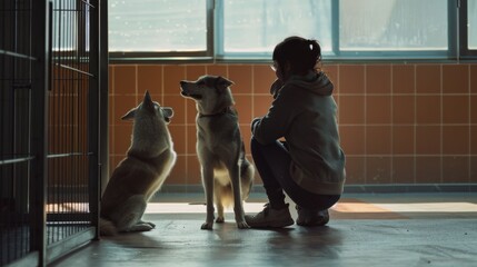 Bathed in soft sunlight, a woman shares a moment with two attentive dogs inside a spacious kennel, showcasing affection and mutual understanding.