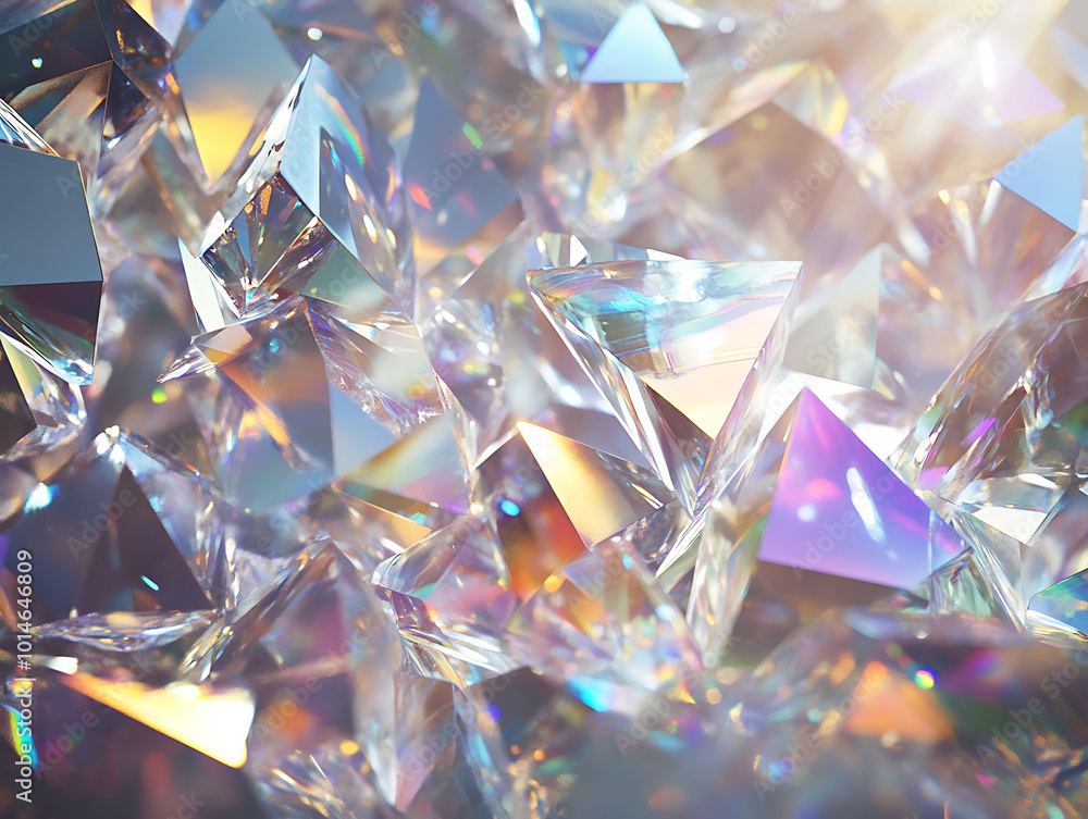 Poster a close-up of a cluster of sparkling, iridescent crystal shards reflecting light in a rainbow of col