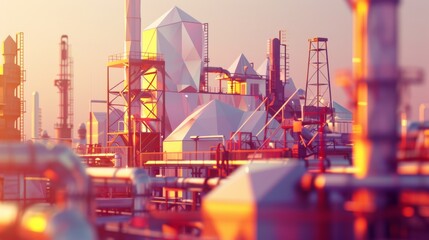 Industrial structures glow in the warm light of dusk, symbolizing progress and human ingenuity in a world of metal and geometry.