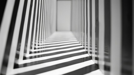 Obraz premium Bold black and white striped corridor stretches into the distance, creating a sense of depth and endlessness, inviting exploration and intrigue.