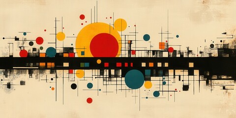 Obraz premium This artwork showcases a dynamic arrangement of circles, lines, and rectangles filled with vivid colors.