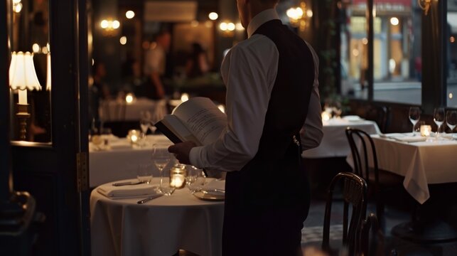 An elegant restaurant setting with a waiter engrossed in a menu amidst softly glowing candles, creating a classic and inviting dining experience. - Powered by Adobe