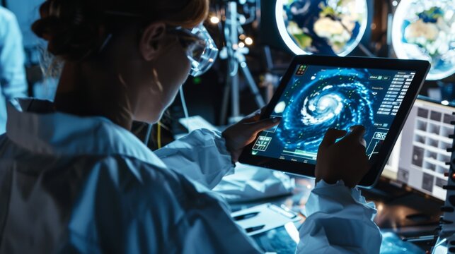 In a dimly lit lab, a researcher views spiral galaxies on a tablet, surrounded by screens displaying cosmic data.