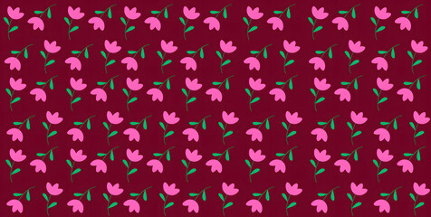 Seamless floral pattern with pink flowers and dark maroon background