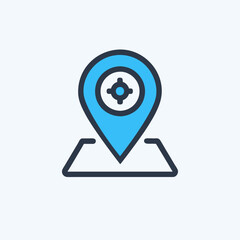 Blue Location Map Icon with Pin and Target Symbol  navigation and GPS technology. Ideal for concepts of mapping, geolocation, and travel applications.