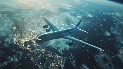 A majestic airplane glides gracefully above an illuminated Earth at night, capturing the wonder of travel and the luminous web of humanity.