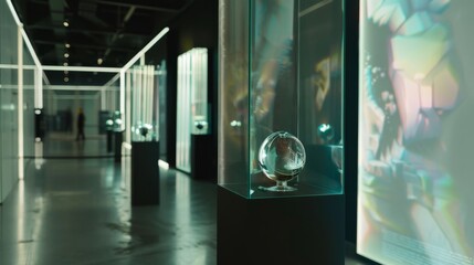 An art installation glowing amid soft illumination, challenging perspectives and inviting thought in a contemporary exhibit space.