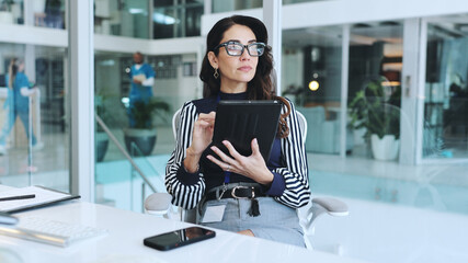 Business woman, office and tablet with thinking, planning or research for vision, deal or...