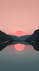 A beautiful sunset over a lake with mountains in the background. The sky is pink and the sun is setting