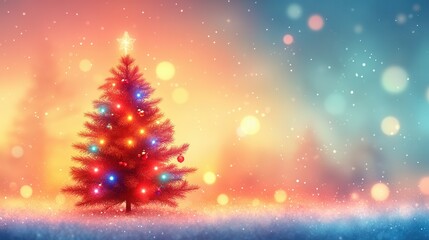 Obraz premium A beautifully lit Christmas tree stands tall in a serene winter landscape, surrounded by soft falling snow. The colorful lights twinkle against a dreamy, blurred background, creating a magical atmosph
