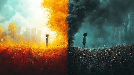 Fototapeta premium A young boy gazes at a striking divide in his surroundings, where one side is bright and flourishing while the other is filled with darkness and debris.