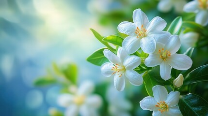 A cluster of white flowers adorned with bright yellow stamens flourishes among lush green foliage, capturing the essence of springtime in a peaceful garden.