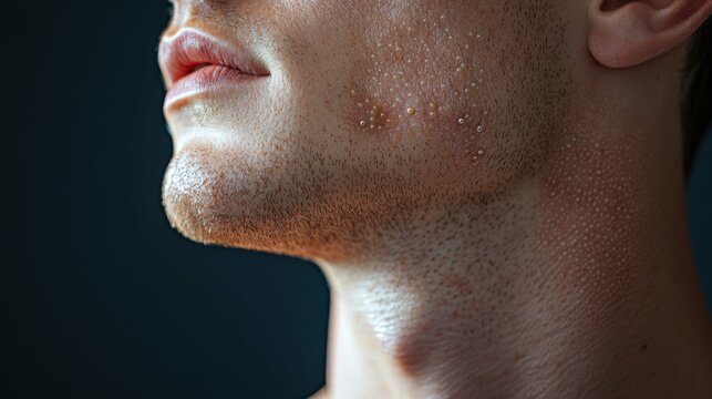 Side profile view of a person's neck, revealing the painful-looking blisters and crusting typical of herpes simplex