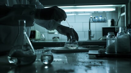 Under a cold light, a scientist works with flasks in a sterile lab, embodying the precision and focus required for scientific breakthroughs.