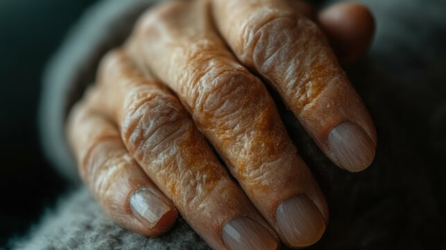 Detailed close-up of a person's hand showing the discolored, pitted nails associated with a fungal infection