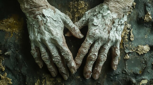 Overhead angle capturing the raw, cracked and peeling skin of a person's hands due to a severe case of lichen planus