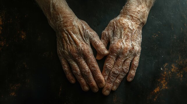 Overhead angle capturing the raw, cracked and peeling skin of a person's hands due to a severe case of lichen planus