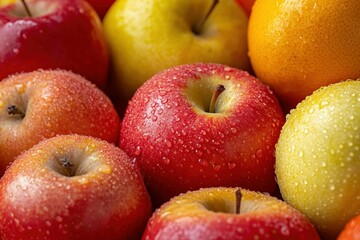 Fresh Fruits Galore - Close-up of Vivid Apples, Pears, and Oranges Showcasing Smooth Textures and Rich Colors