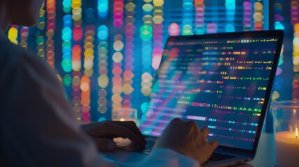 A person types on a laptop displaying colorful code in a dim room, surrounded by candlelight and bokeh lights in the background.