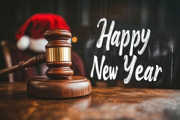 A wooden gavel rests on a polished table, surrounded by a cozy atmosphere. The bold handwritten greeting Happy New Year adds a festive touch, hinting at celebrations in a legal setting during the holi