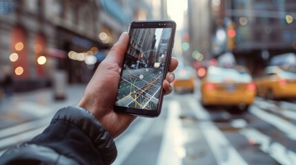 A person navigates a bustling cityscape using a smartphone for directions, overlaying digital networks on the busy street.