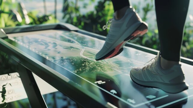 Digital interface treadmill showcases an immersive virtual landscape beneath sleek sneaker-clad feet, embodying a futuristic workout.