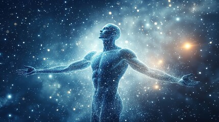 Fototapeta premium Human body made from atoms and particles spread in the air, daylight background, Generative Ai 