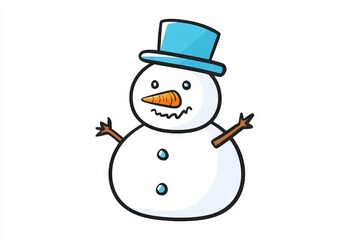 A cartoon snowman with a blue hat and carrot nose. The snowman is smiling and has a blue hat on his head