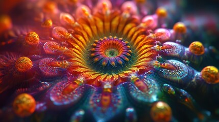 Psychedelic fractal-like animation depicting the life cycle of the malaria parasite, in a kaleidoscope of vibrant colors
