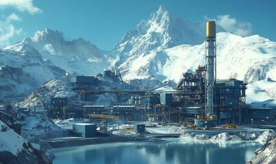 Obraz premium Industrial complex nestled in snow-capped mountains.