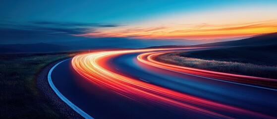 Long exposure shot of car lights on a curved road against a twilight blue sky background