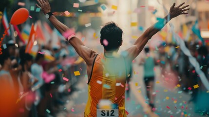 A triumphant runner crosses the colorful finish line, arms raised amid vibrant confetti and cheering crowds on a lively street.