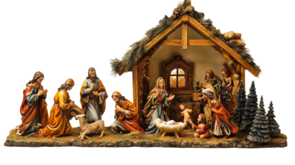 Beautiful Christmas Nativity Scene Depicting the Birth of Christ, Isolated on White, PNG File, Transparent Background