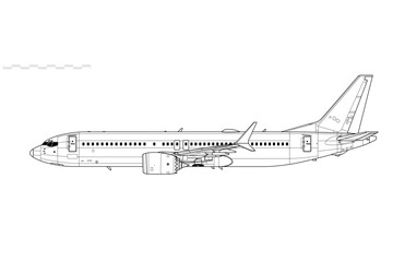 Boeing 737 MAX-8. Vector drawing of narrow-body airliner. Side view. Image for illustration and infographics.