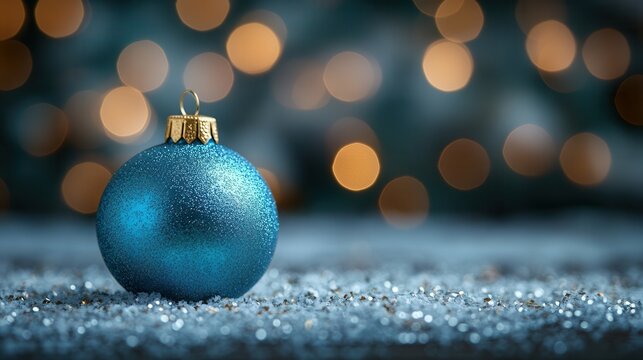 A solitary blue Christmas ornament rests on a glimmering snowy surface, enhanced by a background of warm, soft bokeh lights. The festive decoration captures the essence of holiday cheer and winter bea